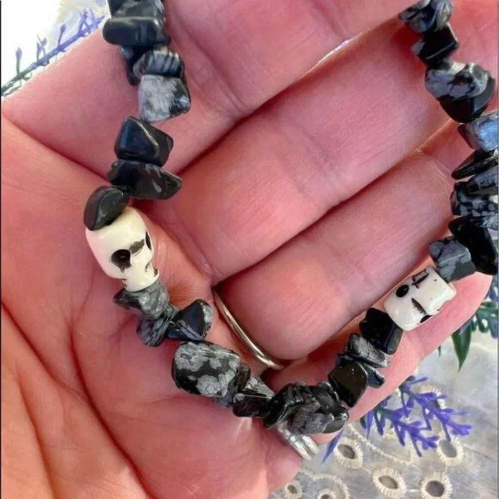 Skulls & Tumbled Snowflake Obsidian Stretch Bracelet